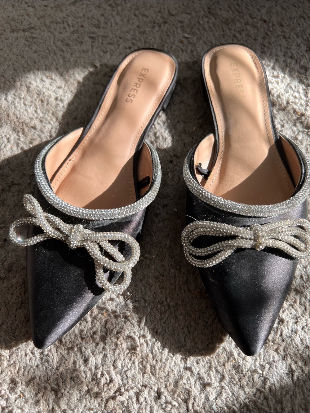 Express Black Satin Pointed Slip-On Mules with Crystal Bow Trim